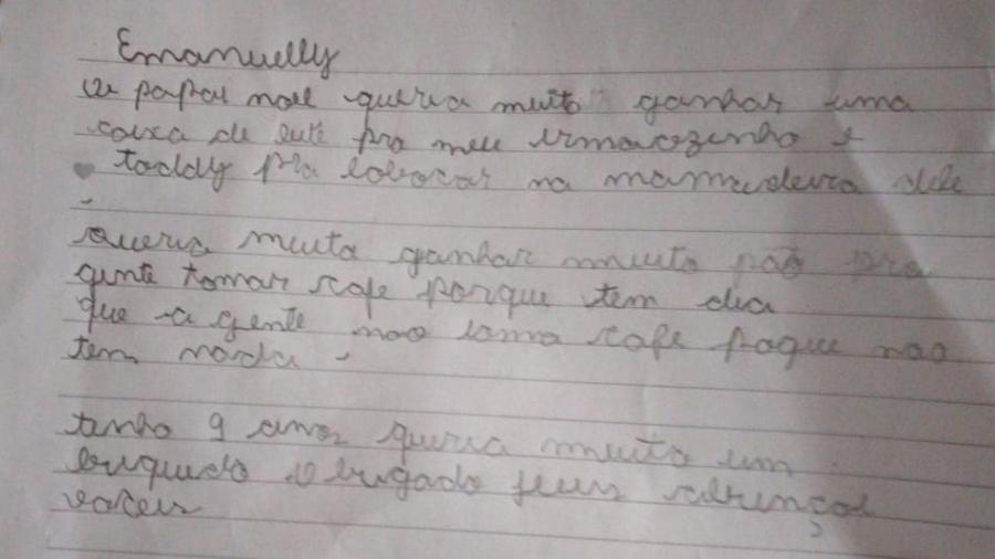 Menina de 9 anos escreve ao Papai Noel pedindo leite e pão para a família