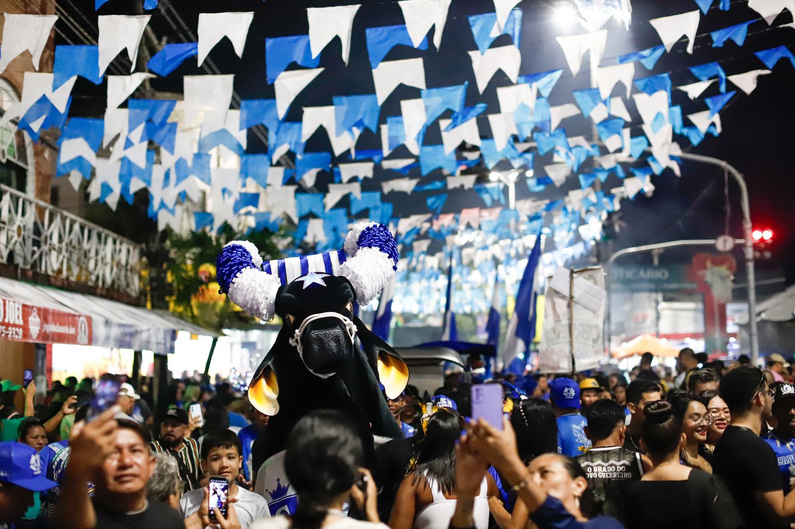 Boi de Rua: Caprichoso arrasta multidão azulada pelas ruas de Parintins